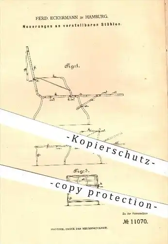 original Patent - Ferd. Eckermann in Hamburg , 1880 , verstellbare Stühle , Stuhl , Möbel , Sessel , Bett , Chaiselongue