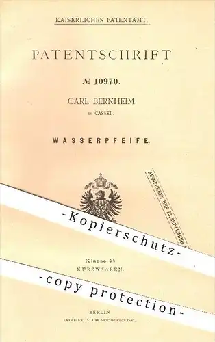 original Patent  - C. Bernheim , Kassel , 1880 , Wasserpfeife , Pfeife , Pfeifen , Tabak , Rauchen , Wasser , Kurzwaren