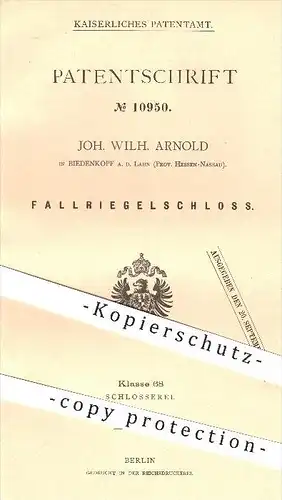 original Patent  - J. W. Arnold , Biedenkopf , 1880 , Fallriegelschloss , Schloss , Schlösser , Schlosser , Türschloss !