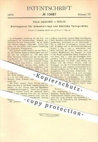 original Patent - W. Ziesemer , Berlin , 1879 , Stellapparat für Schaukel , Ringe u. a. Turngeräte , Turnen , Sport !!