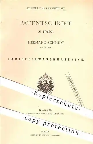 original Patent - Hermann Schmidt in Cüstrin , 1880 , Kartoffelwaschmaschine , Kartoffeln , Landwirtschaft , Bauer !!!