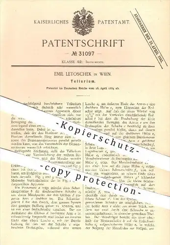 original Patent - Emil Letoschek in Wien , 1884 , Tellurium , Erde , Mond , Sonne , Astronomie , Himmel , Himmelskörper