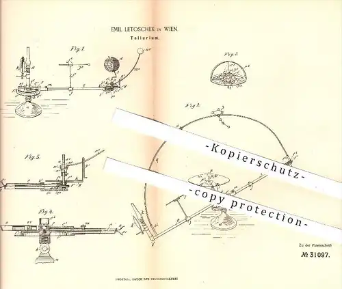 original Patent - Emil Letoschek in Wien , 1884 , Tellurium , Erde , Mond , Sonne , Astronomie , Himmel , Himmelskörper