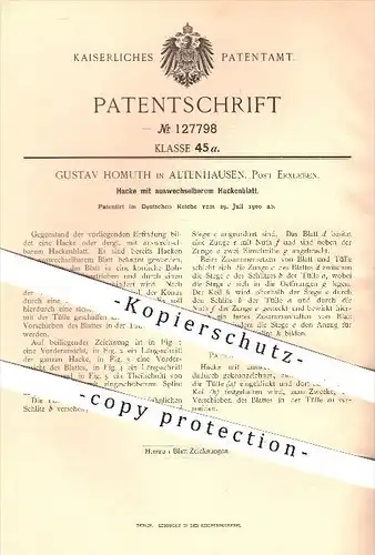 original Patent - Gustav Homuth , Altenhausen , Post Erxleben , 1900 , Hacke mit auswechselbarem Hackenblatt , Hacken !!