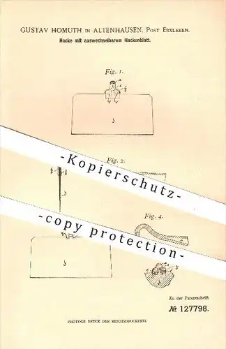 original Patent - Gustav Homuth , Altenhausen , Post Erxleben , 1900 , Hacke mit auswechselbarem Hackenblatt , Hacken !!