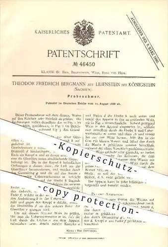 original Patent - Theodor Friedrich Bergmann auf Lilienstein bei Königstein , 1888 , Probenehmer für Wein , Getränke !