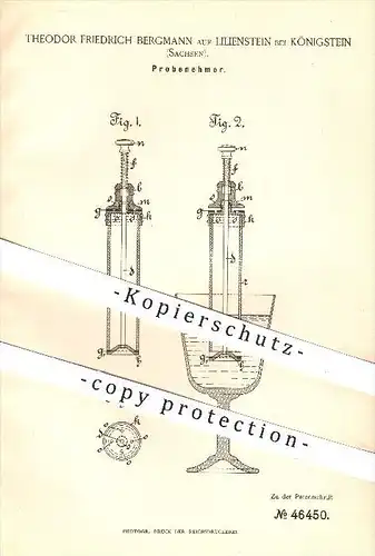 original Patent - Theodor Friedrich Bergmann auf Lilienstein bei Königstein , 1888 , Probenehmer für Wein , Getränke !