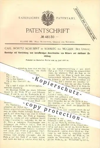 original Patent - Carl M. Schubert , Sornzig , Mügeln , 1888, Bandsäge zum kreisförmigen Ausschneiden von Hölzern , Säge