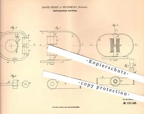 original Patent - David Perret in Neuenburg , Schweiz , 1901 , Elektromagnetische Vorrichtung , Magnet , Uhren , Uhrwerk
