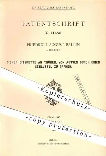 original Patent - Friedrich A. Ballin , Hamburg ,1880, Sicherheitskette an Türen , Tür , Schloss , Schlosser , Schlüssel