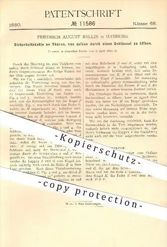 original Patent - Friedrich A. Ballin , Hamburg ,1880, Sicherheitskette an Türen , Tür , Schloss , Schlosser , Schlüssel