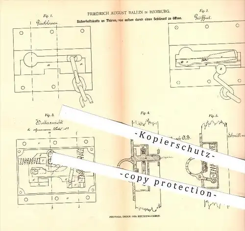 original Patent - Friedrich A. Ballin , Hamburg ,1880, Sicherheitskette an Türen , Tür , Schloss , Schlosser , Schlüssel