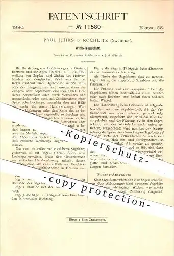 original Patent - Paul Juhrs in Rochlitz , 1880 , Winkelsägeblatt , Sägeblatt , Säge , Sägen , Holz , Holzbearbeitung !!