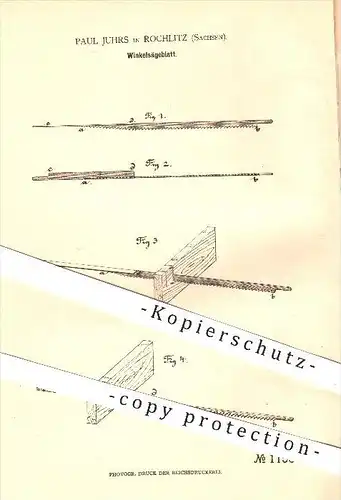 original Patent - Paul Juhrs in Rochlitz , 1880 , Winkelsägeblatt , Sägeblatt , Säge , Sägen , Holz , Holzbearbeitung !!