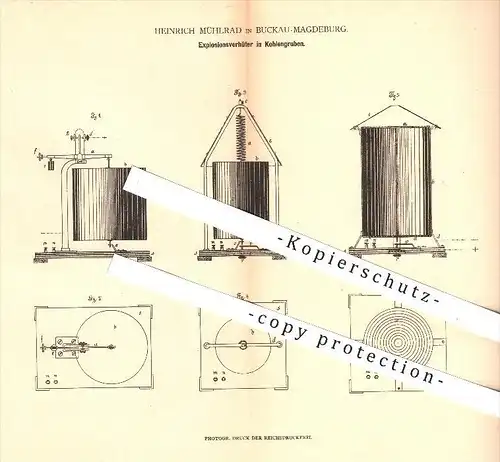 original Patent - Heinrich Mühlrad , Buckau - Magdeburg , 1880 , Explosionsverhüter in Kohlengrube , Explosion , Bergbau