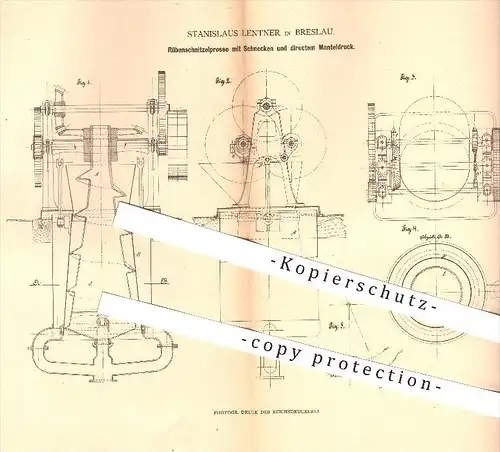 original Patent - Stanislaus Lentner in Breslau , 1880 , Rübenschnitzelpresse , Rüben , Presse , Pressen , Zuckerfabrik
