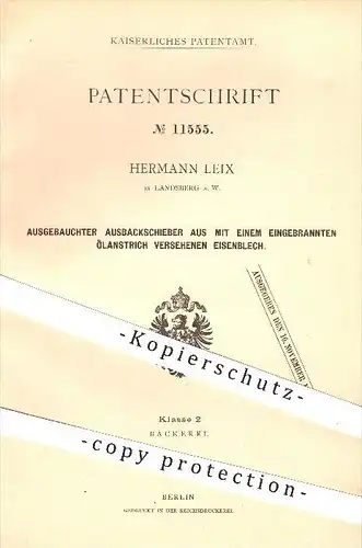 original Patent - H. Leix , Landsberg , 1880, Ausbackschieber aus Eisenblech mit Ölanstrich , Bäckerei , Bäcker , Backen