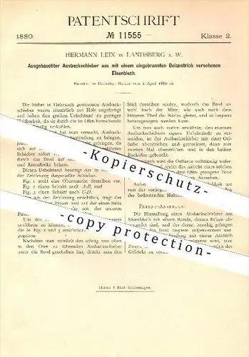 original Patent - H. Leix , Landsberg , 1880, Ausbackschieber aus Eisenblech mit Ölanstrich , Bäckerei , Bäcker , Backen