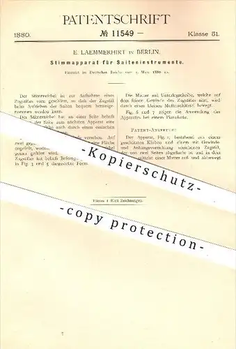 original Patent - E. Laemmerhirt , Berlin , 1880 , Stimmgerät für Saiteninstrumente , Stimmwirbel , Musikinstrument !!!