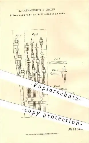 original Patent - E. Laemmerhirt , Berlin , 1880 , Stimmgerät für Saiteninstrumente , Stimmwirbel , Musikinstrument !!!