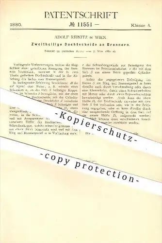 original Patent - Adolf Reinitz in Wien , 1880 , Zweiteilige Dochtscheide an Brennern , Brenner , Docht , Beleuchtung !!