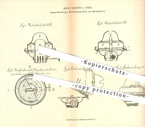 original Patent - Adolf Reinitz in Wien , 1880 , Zweiteilige Dochtscheide an Brennern , Brenner , Docht , Beleuchtung !!