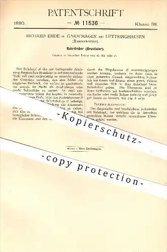 original Patent - Richard Emde , Garschagen , Lüttringhausen , 1880 , Bohrdreher , Brustleier , Bohren , Holz !!!
