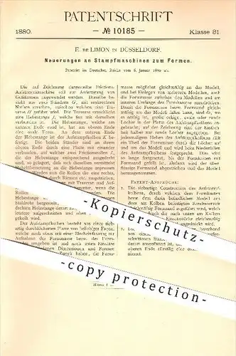 original Patent - E. de Limon , Düsseldorf , 1880 , Stampfmaschinen zum Formen , Formerei , Gießerei , Guss , Gussformen