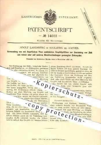 original Patent - Adolf Landsberg , Stolberg b. Aachen , 1880 , Gewinnung von Zink aus Zinkoxyden , Ton , Graphit !!!