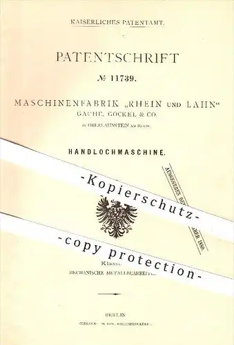 original Patent - Maschinenfabrik Rhein & Lahn , Gauhe , Gockel & Co. , Oberlahnstein , 1880 , Lochmaschine , Werkzeug