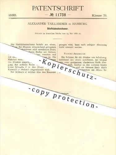 original Patent - Alexander Taillandier , Hamburg , 1880, Stiefelabsatzschoner , Stiefel , Schuhe , Schuhwerk , Schuster