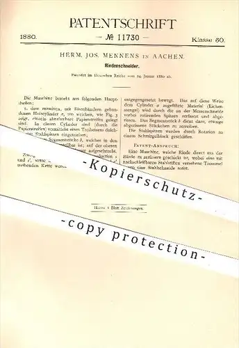 original Patent - Herm. Jos. Mennens in Aachen , 1880 , Rindenschneider , Rinde , Baumrinde , Holz , Forst , Mühle !!!