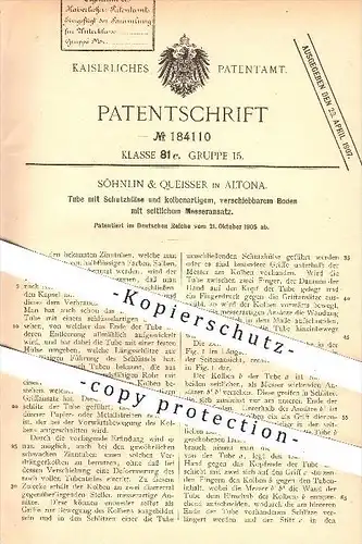 original Patent - Söhnlein & Queisser in Altona , 1905 , Tube mit Schutzhülse und Messeransatz am Boden , Tuben , Zinn !