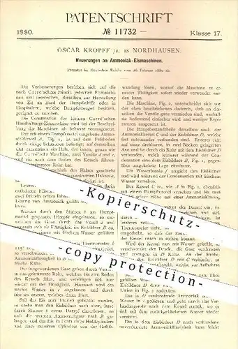 original Patent - Oscar Kropff , Nordhausen , 1880 , Ammoniak - Eismaschine , Carré , Eis , Dampf , Dampfschiffe !!!