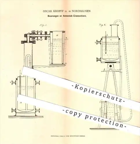 original Patent - Oscar Kropff , Nordhausen , 1880 , Ammoniak - Eismaschine , Carré , Eis , Dampf , Dampfschiffe !!!