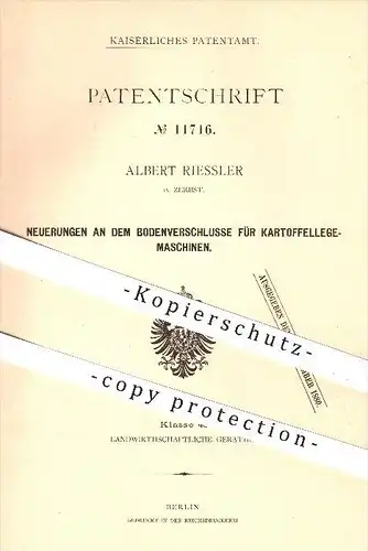 original Patent - Albert Riessler in Zerbst , 1880 , Verschluss an Kartoffellegemaschinen , Landwirtschaft , Bauer !!!