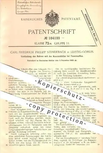 original Patent - Carl Fr. P. Stendebach , Leipzig Gohlis , 1905 , Verbindung von Rohr u. Hülse an Feuerwaffen , Waffen