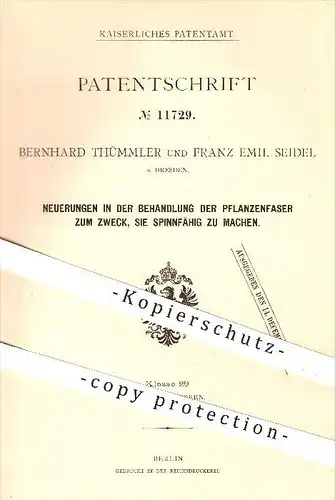 original Patent - Bernhard Thümmler , Franz E. Seidel , Dresden , 1880 , Behandlung von Pflanzenfaser , Fasern , Spinnen
