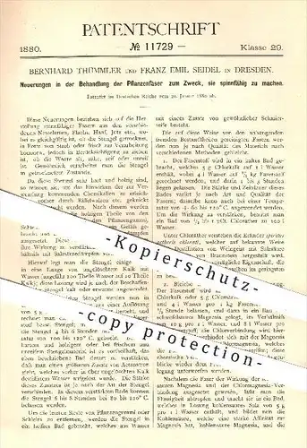 original Patent - Bernhard Thümmler , Franz E. Seidel , Dresden , 1880 , Behandlung von Pflanzenfaser , Fasern , Spinnen