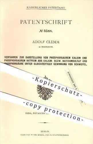 original Patent - Adolf Clemm in Mannheim , 1878 , Darstellung von Kalium u. Natrium , Gewinnung von Schwefel , Chemie !