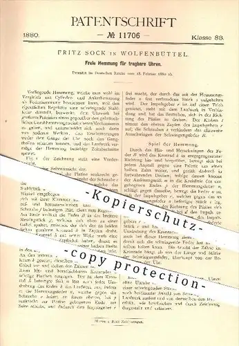 original Patent - Fritz Stock in Wolfenbüttel , 1880 , Freie Hemmung für Uhren , Uhr , Uhrmacher , Uhrwerk , Zeit !!!