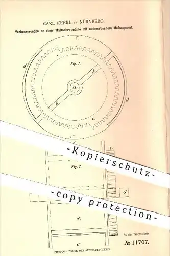 original Patent - Carl Keerl in Nürnberg , 1880 , Malzschrotmühle mit automatischer Messung , Mühle , Mühlen , Zählwerk