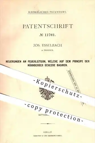 original Patent - Jos. Esselbach in Dresden , 1879 , Feuerleiter , Leiter , Feuerwehr , Nürnberger Schere , Rettung !!!