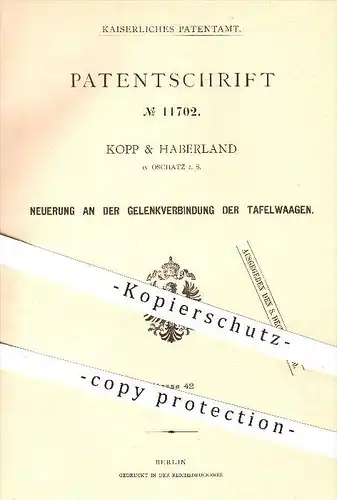 original Patent - Kopp & Haberland in Oschatz , 1879 , Gelenkverbindung der Tafelwaagen , Waage , Waagen , Wiegen !!!
