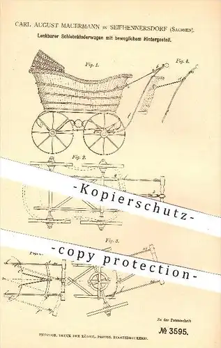 original Patent - Carl A. Mauermann , Seifhennersdorf , 1878 , Kinderwagen mit beweglichem Hintergestell , Wagen !!!