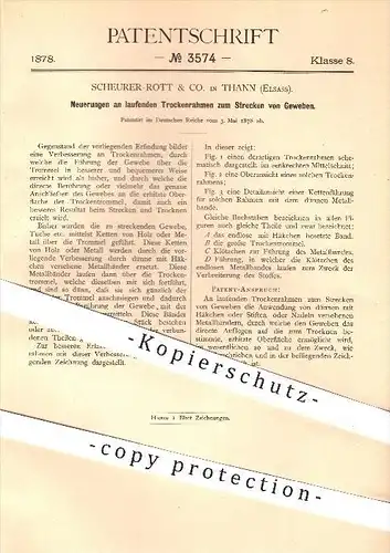 original Patent - Scheurer-Rott & Co. in Thann , Elsass , 1878 , Trockenrahmen zum Strecken von Gewebe , Stoff , Stoffe