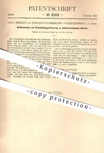 original Patent - Paul Berndt u. Johann Baldermann , Fürstenberg a. d. Oder , 1878 , Kalkbrennofen , Ofen , Braunkohle !