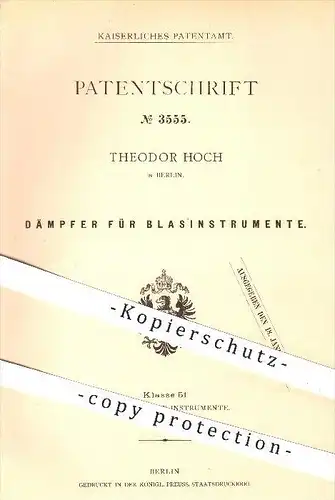 original Patent - Theodor Hoch in Berlin , 1878 , Dämpfer für Blasinstrumente , Musik , Musikinstrument , Instrument !!!