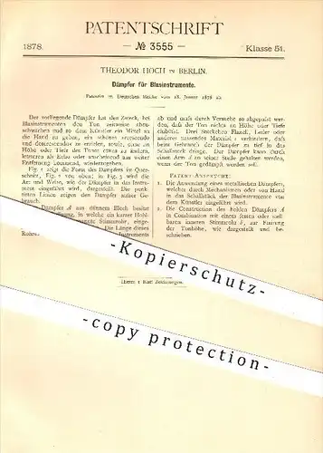 original Patent - Theodor Hoch in Berlin , 1878 , Dämpfer für Blasinstrumente , Musik , Musikinstrument , Instrument !!!