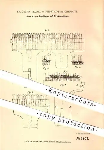 original Patent - Fr. Oscar Teubel , Neustadt , Chemnitz , 1878 , Anschlag an Strickmaschinen ,  Stricken , Nadel , Lamb